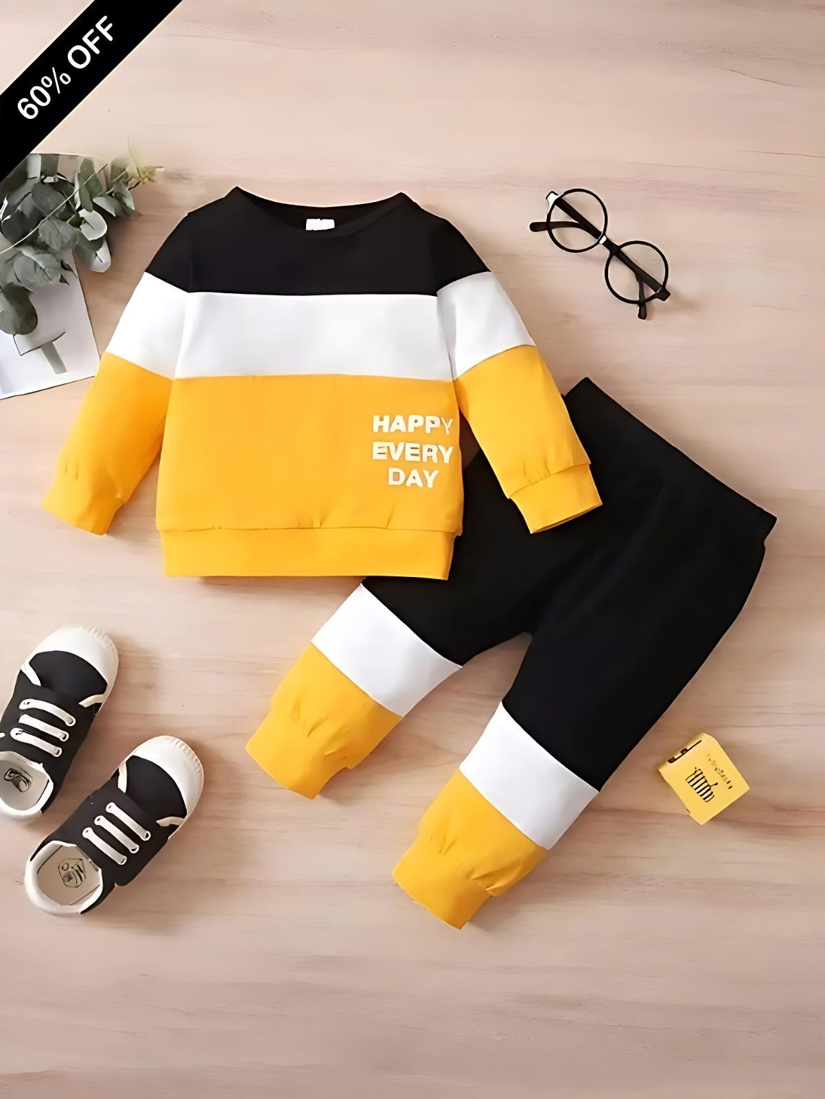 Black & Yellow Panel Happy Everyday Printed Kids Winter Suit (Each)