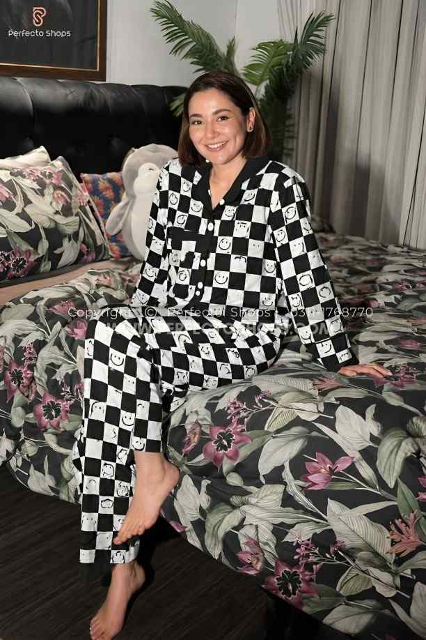 Black with White Smiley Printed V-Neck Button Printed Night Suit