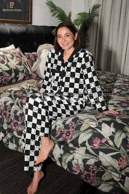 Black with White Smiley Printed V-Neck Button Printed Night Suit