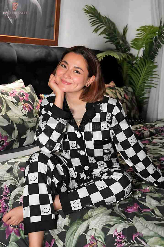 Black with White Smiley Printed V-Neck Button Printed Night Suit