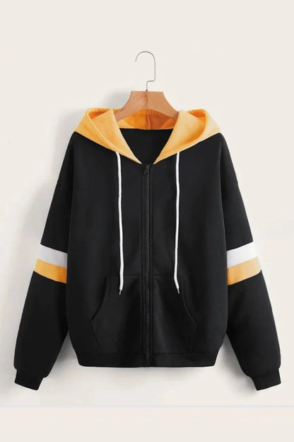 Black with Yellow and White Stripes Zipper Hoodie