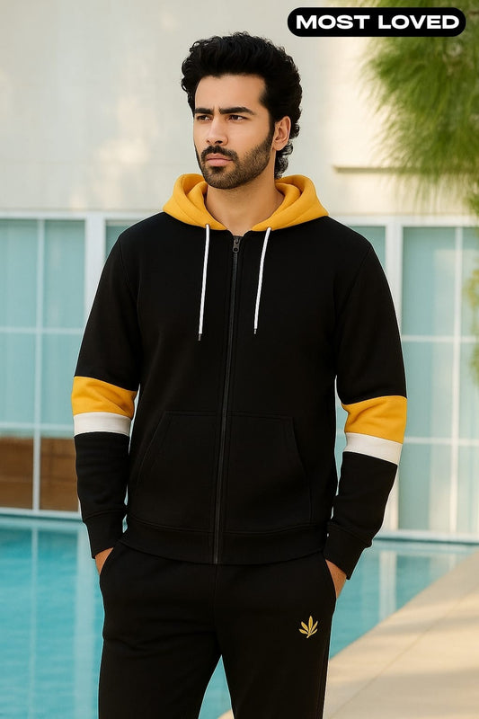 Black with Yellow and White Stripes Zipper Hoodie