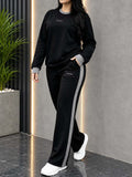Black Elegant Round Neck Fleece Winter Co-Ord Set