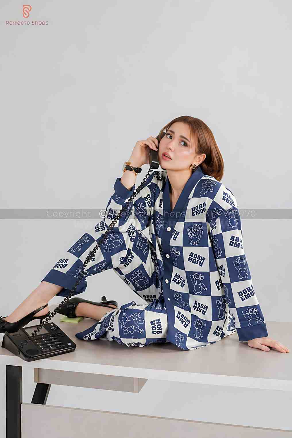 Blue with White Doraemon V-Neck Button Printed Night Suit