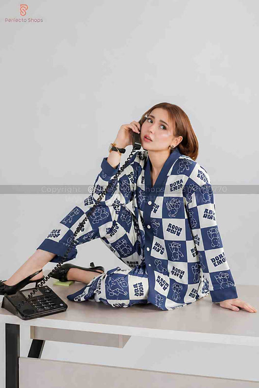 Blue with White Doraemon V-Neck Button Printed Night Suit