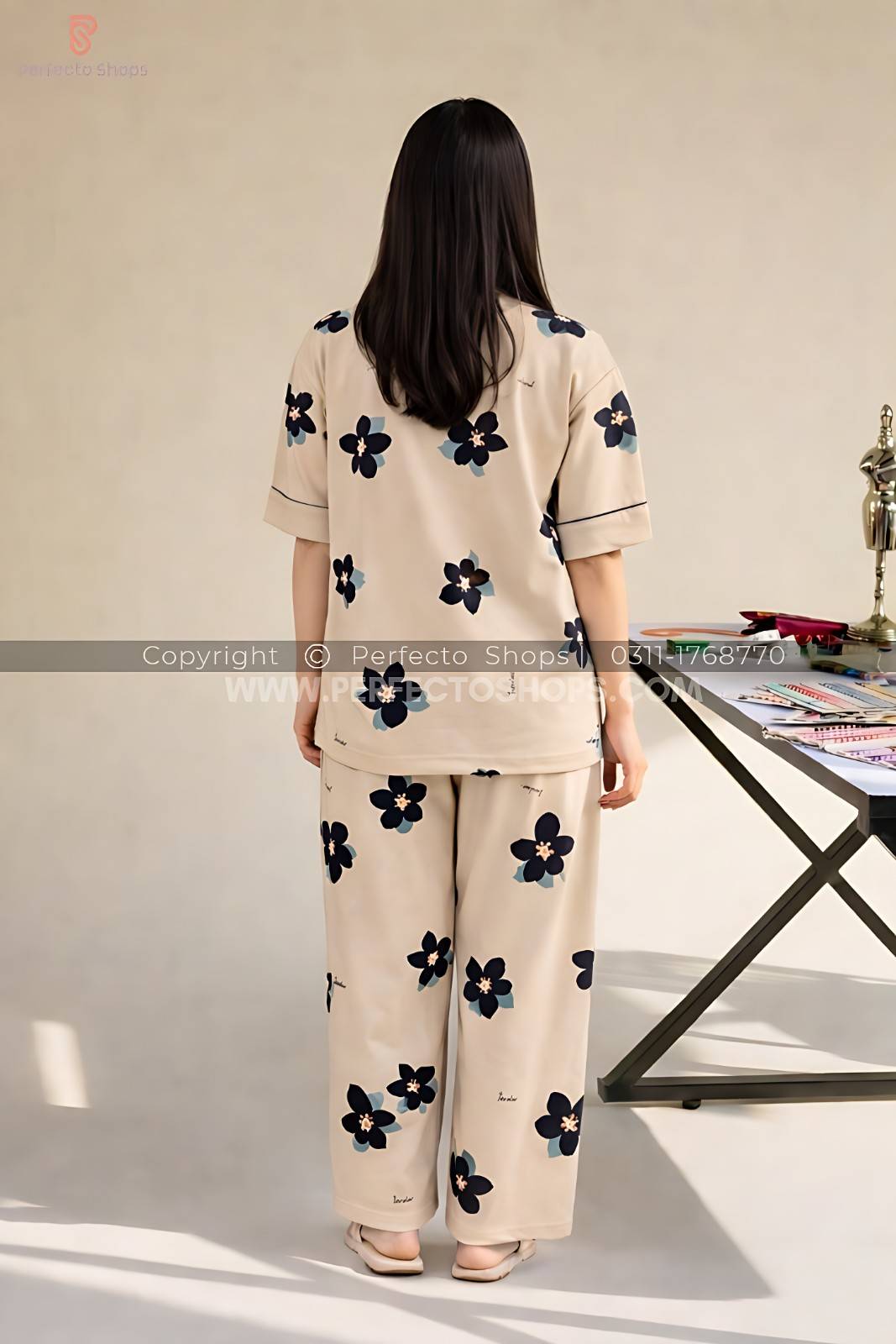 Brown Big flowers Printed Night Suit