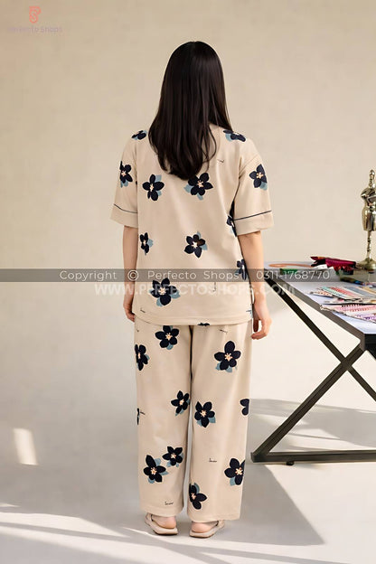 Brown Big flowers Printed Night Suit