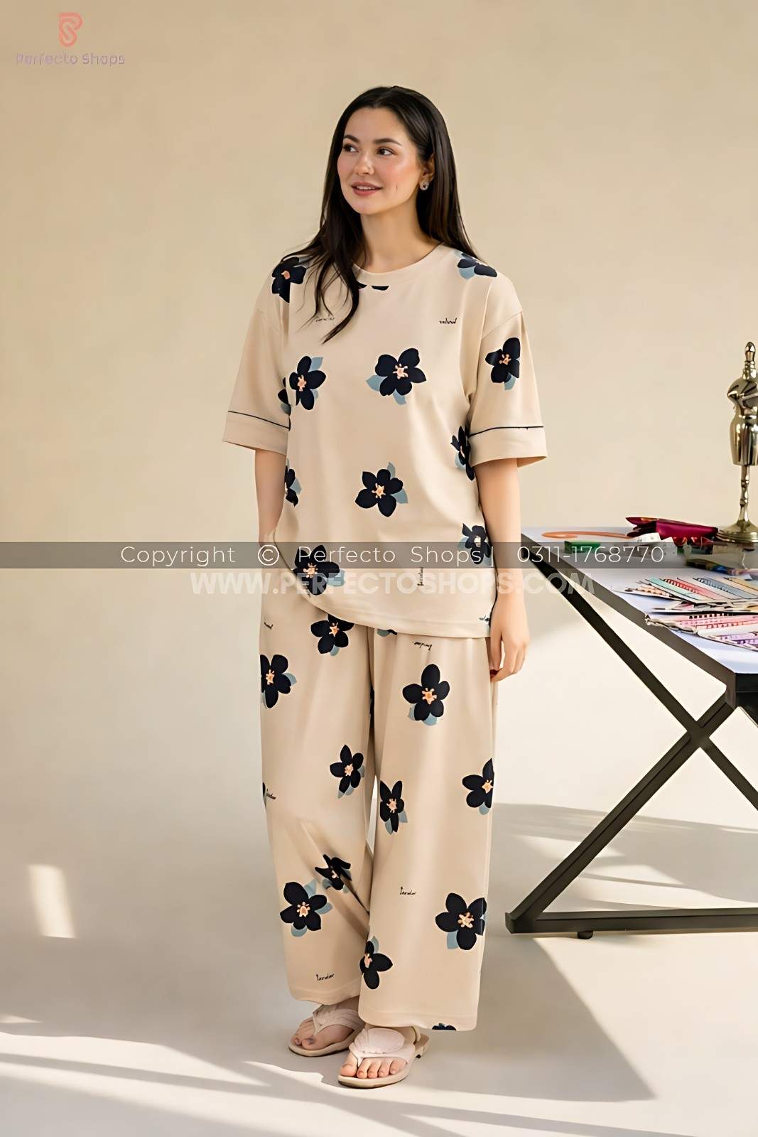 Brown Big flowers Printed Night Suit
