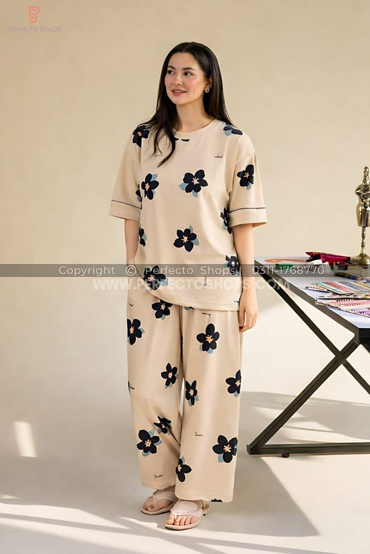 Brown Big flowers Printed Night Suit
