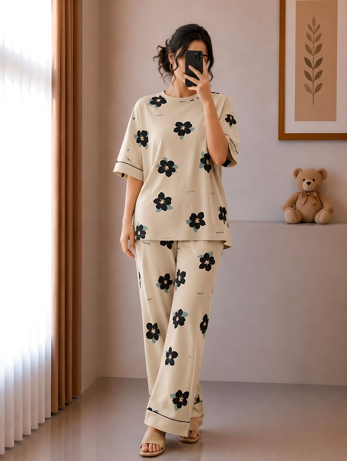 Brown Big flowers Printed PJ Set