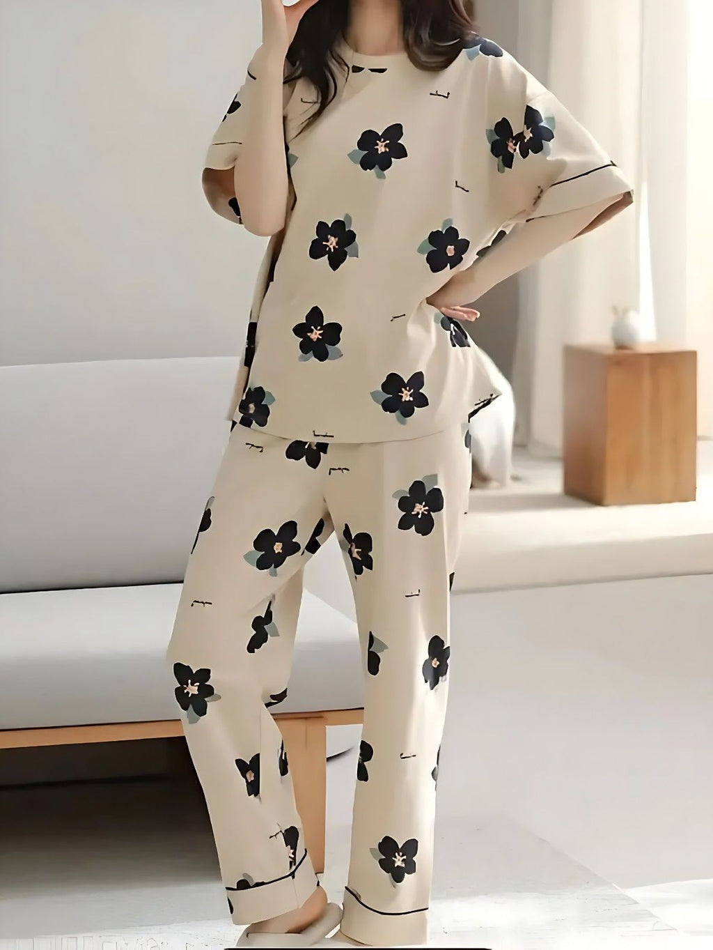 Brown Big flowers Printed PJ Set