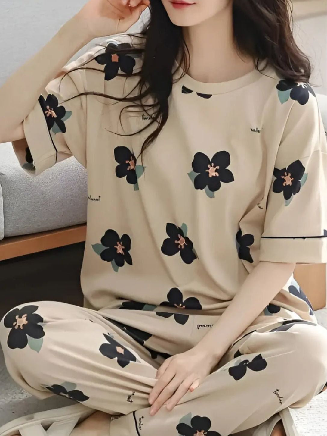 Brown Big flowers Printed PJ Set
