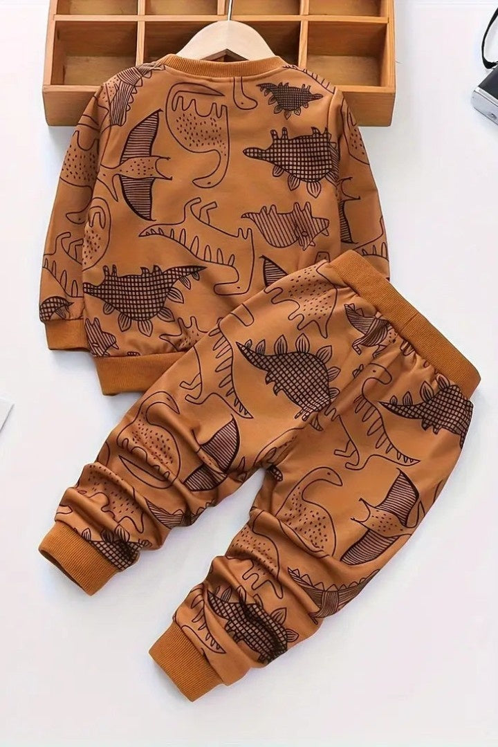Brown Dinosaur Printed Kids Winter Suit (Each)