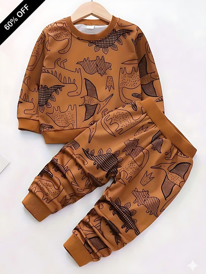 Brown Dinosaur Printed Kids Winter Suit (Each)
