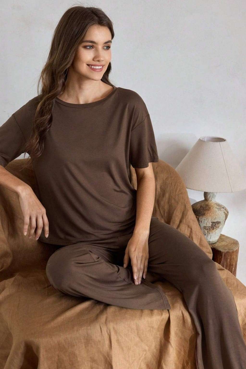Brown Plain Stylish Night Suit
