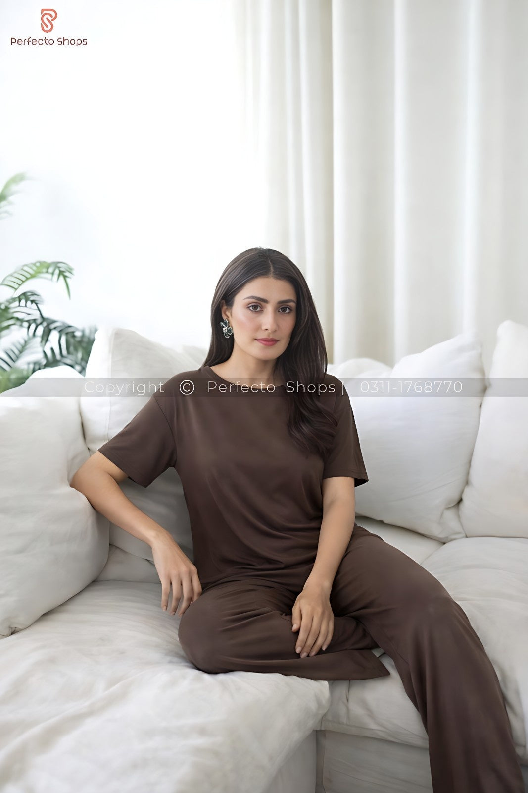 Brown Plain Stylish Night Suit