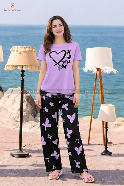 Butterfly Printed & Purple Heart  Night Suit