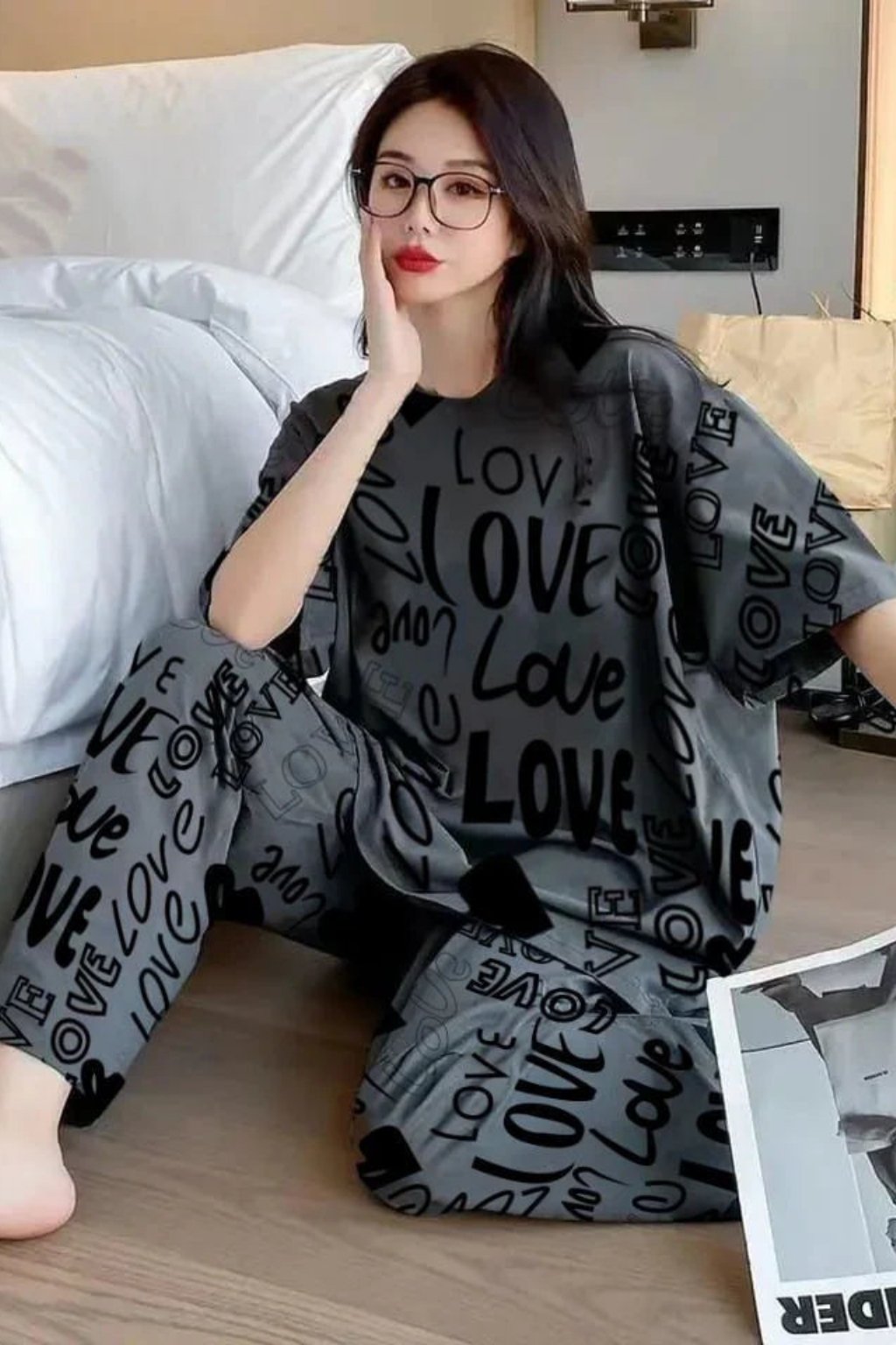 Charcoal Grey “LOVE” Printed Stylish PJ Set