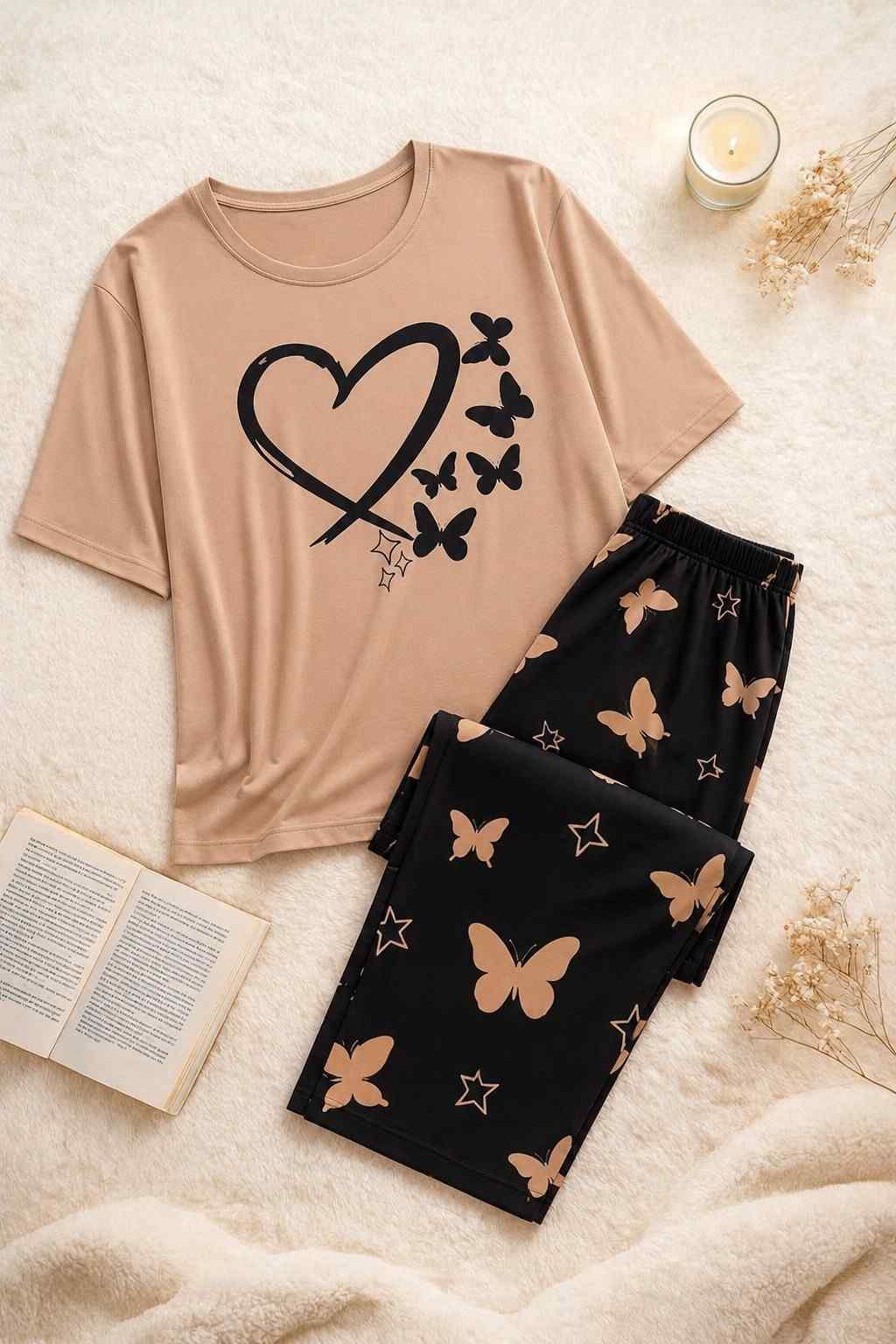 Cream Butterfly & Heart PJ Set