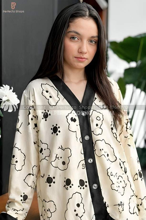 Cream With Black Bears V-Neck Button Printed Night Suit