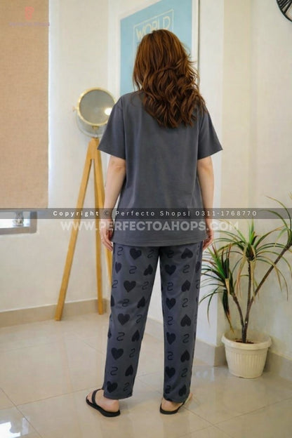 Double Heart Grey Half Sleeve Printed Night Suit