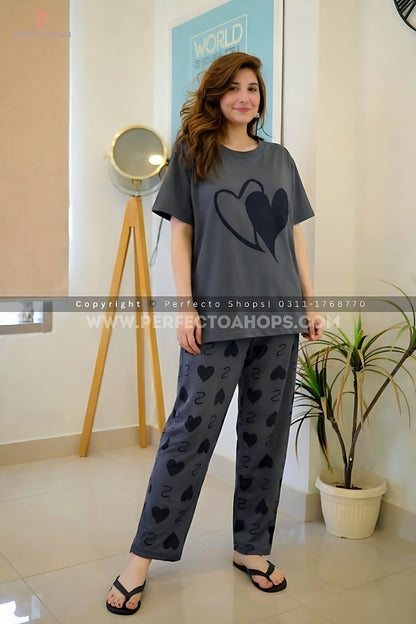 Double Heart Grey Half Sleeve Printed Night Suit