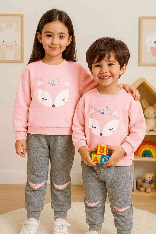 Fleece Fabric Pink Fox Printed Kids Winter Suit ( Each )