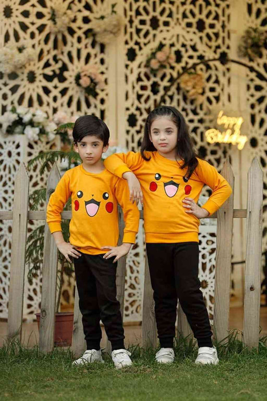 Fleece Fabric Yellow Pikachu Printed Kids Winter Suit ( Each )