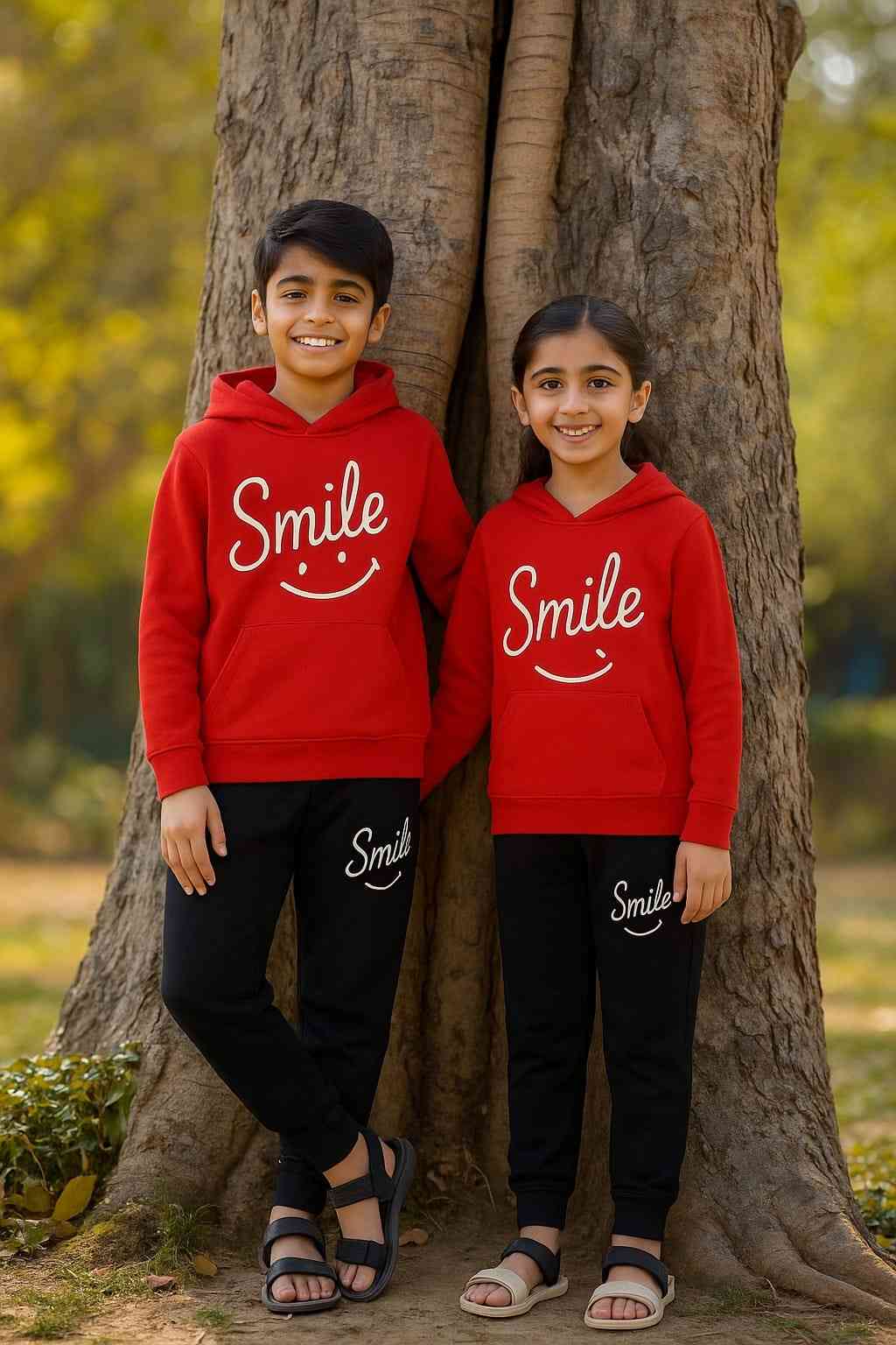 Red Smiley Printed Hoodie With Trouser For Kids