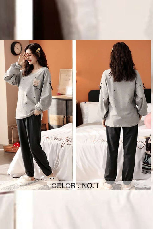 Gray Bear Printed Night Suit