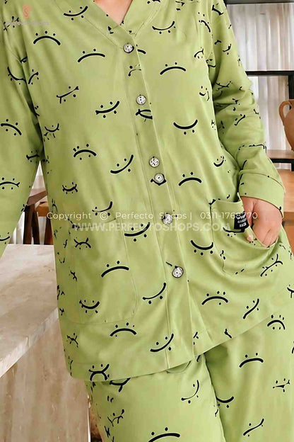 Green Autumn Smiley V-Neck Button Printed Night Suit