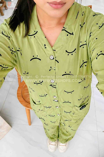 Green Autumn Smiley V-Neck Button Printed Night Suit