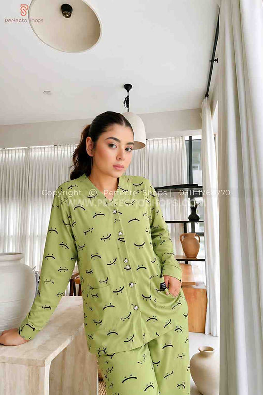 Green Autumn Smiley V-Neck Button Printed Night Suit
