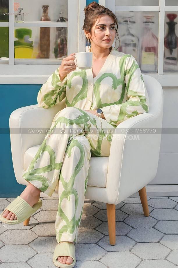 Green Hearts V-Neck Button Printed Night Suit