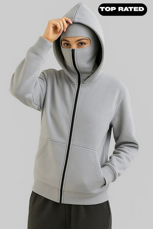 Grey Balaclava Ninja Zipper Hoodie Jacket For Women