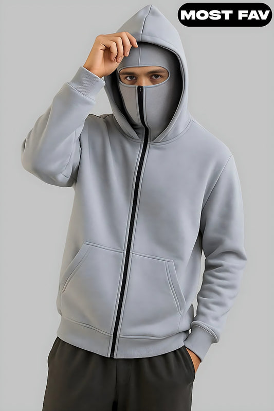 Grey Balaclava Ninja Zipper Hoodie Jacket