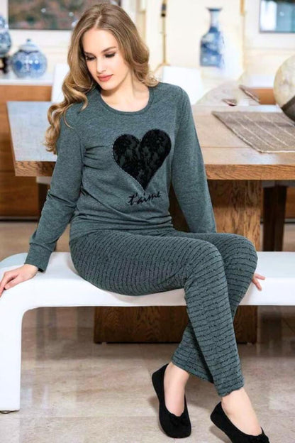 Grey Black Heart Print Night Suit