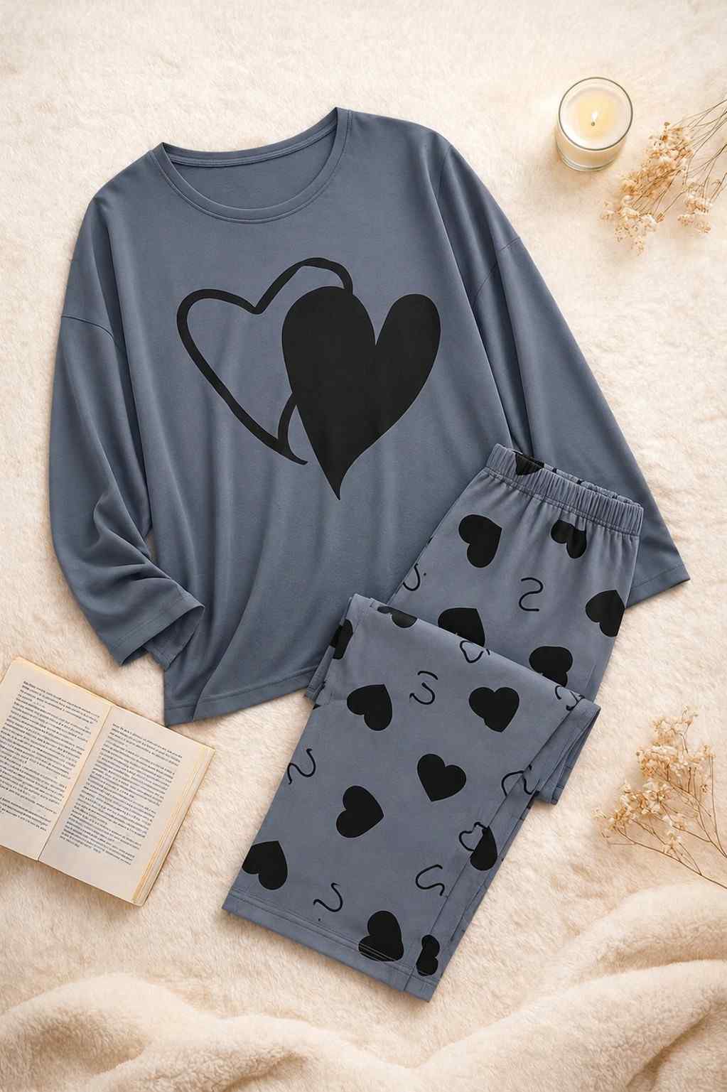 Grey Cozy Double Hearts PJ Set