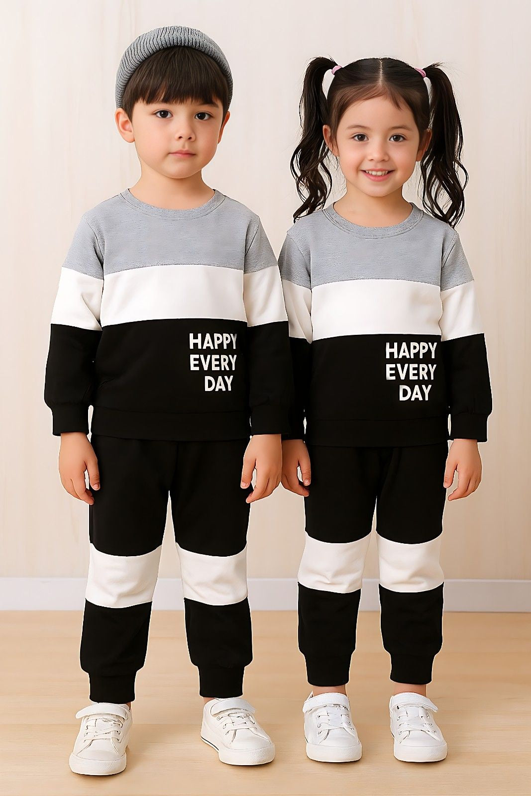 Grey & Black Panel Happy Everyday Printed Kids Winter Suit (Each)