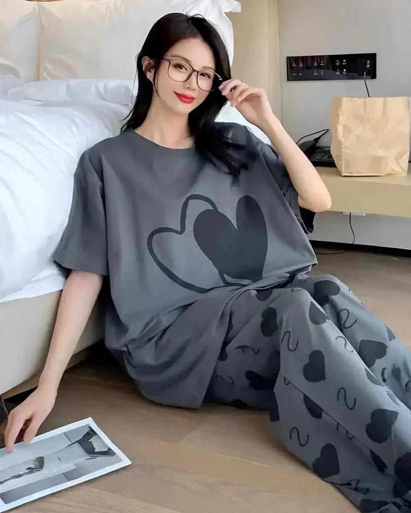 Grey Black Heart Print Night Suit