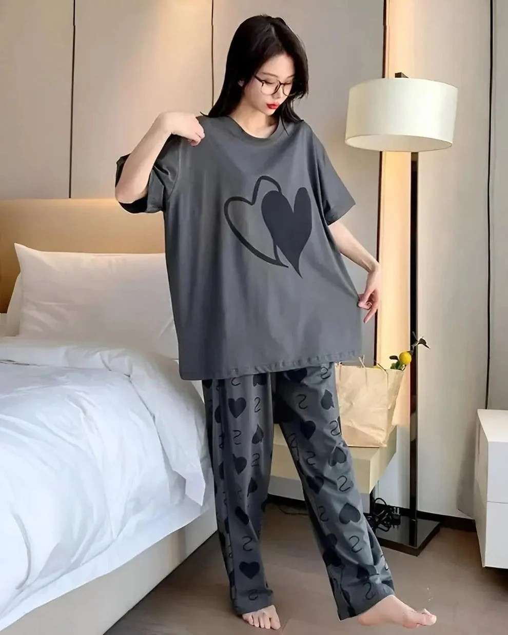 Grey Black Heart Print Night Suit