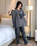 Grey Black Heart Print Night Suit