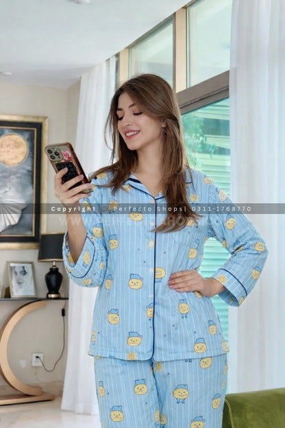Imported Linen Printed Sky Blue Snow PJ Set
