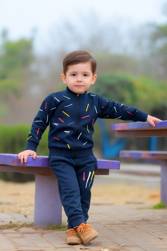 Kids Black Printed Zipper Jacket With Trouser