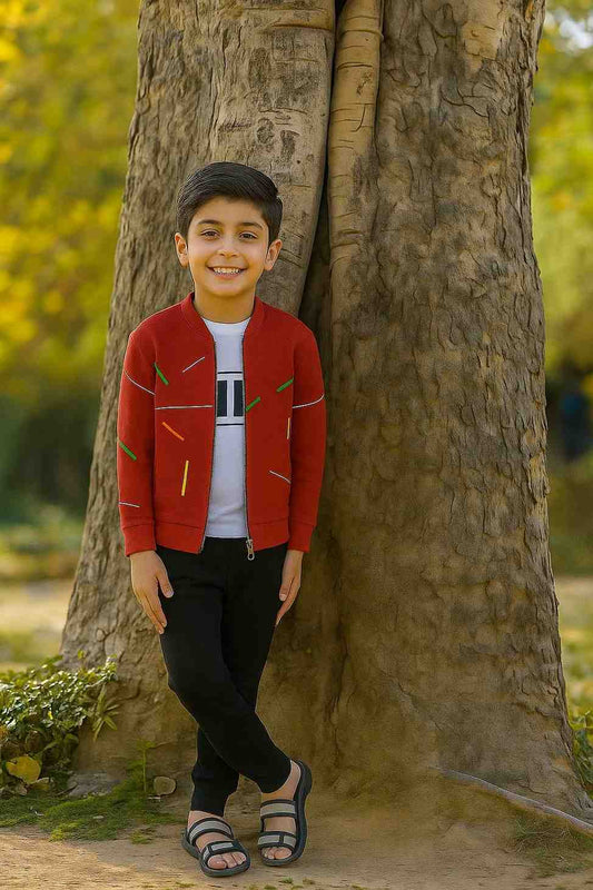 Kids Red Printed Zipper Jacket With Trouser