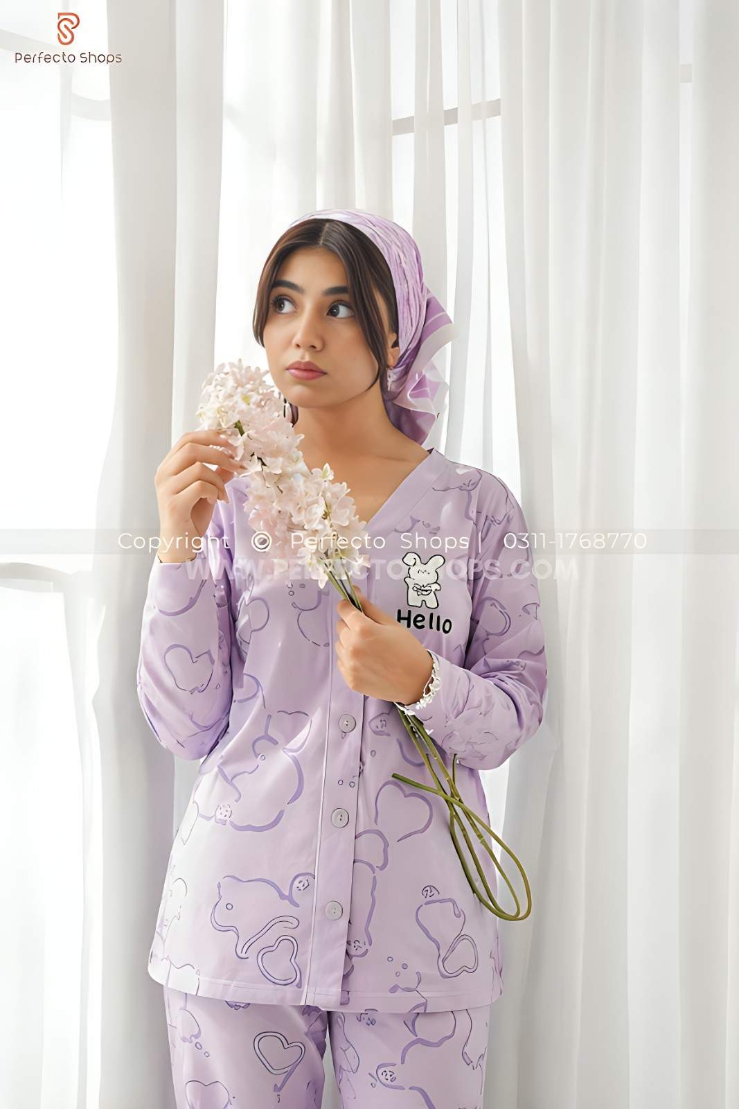Lilac Love Bunny Printed V-Neck Button Printed Night Suit