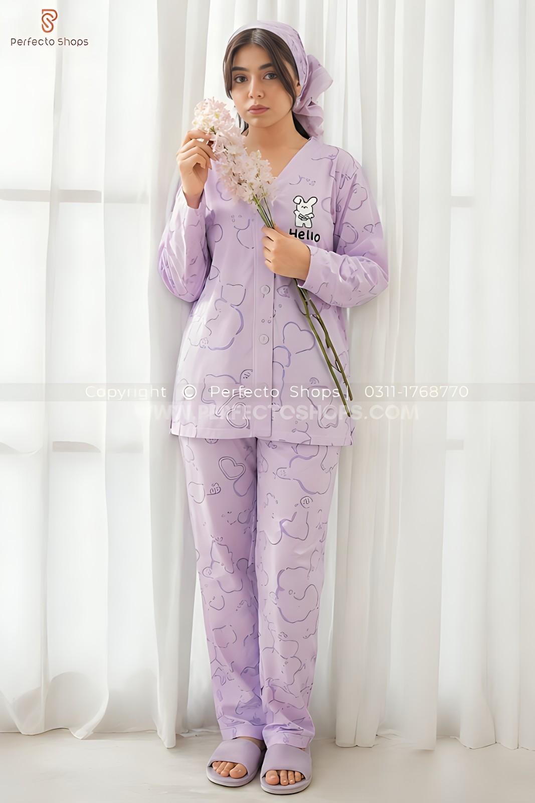 Lilac Love Bunny Printed V-Neck Button Printed Night Suit