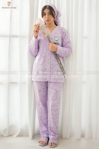 Lilac Love Bunny Printed V-Neck Button Printed Night Suit