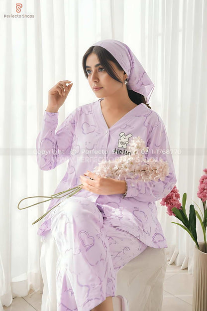 Lilac Love Bunny Printed V-Neck Button Printed Night Suit