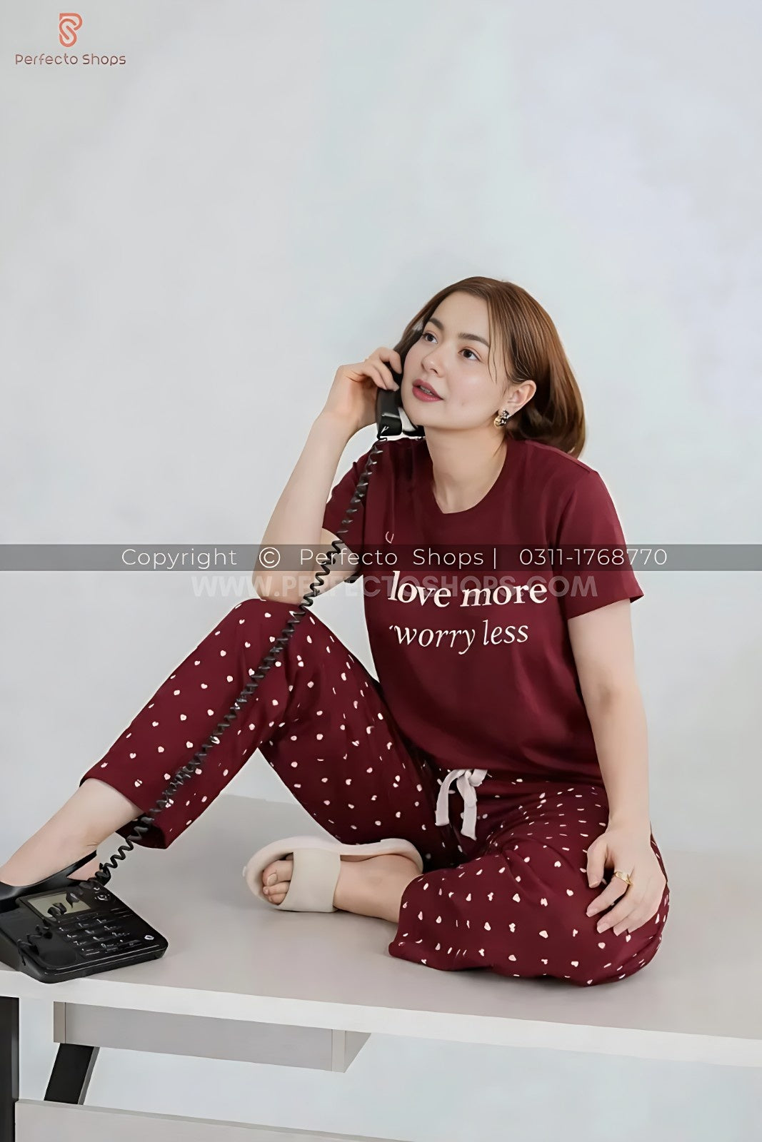 Love More Maroon Printed Night Suit